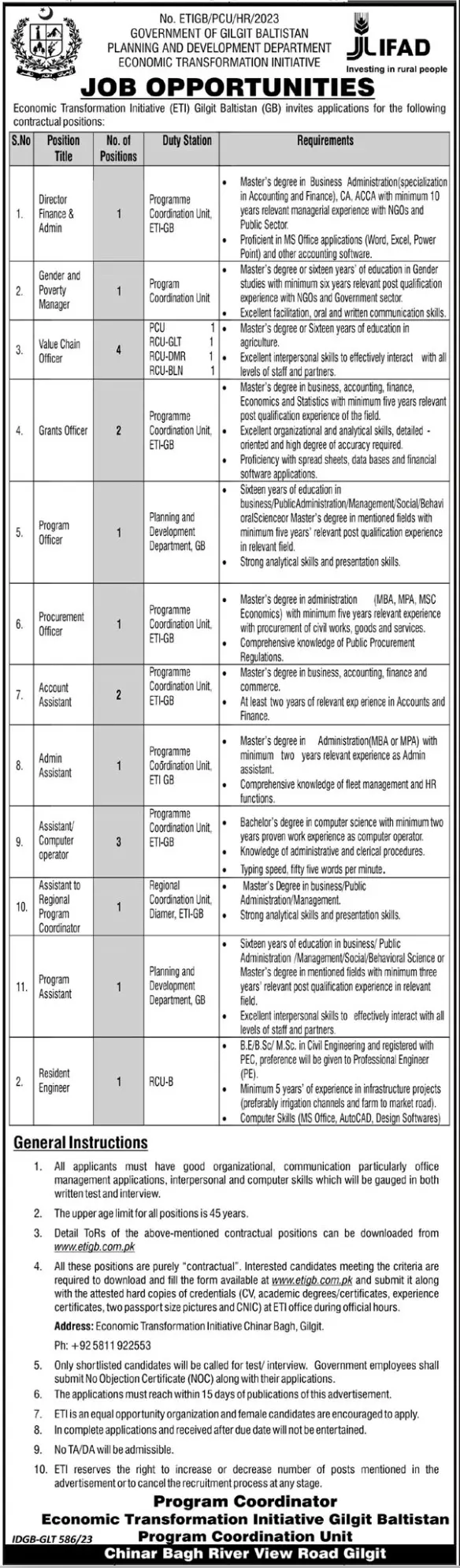 Economic Transformation Initiative ETIGB Gilgit Jobs 2023 – Government of Gilgit-Baltistan Jobs 2023 — original advertisement