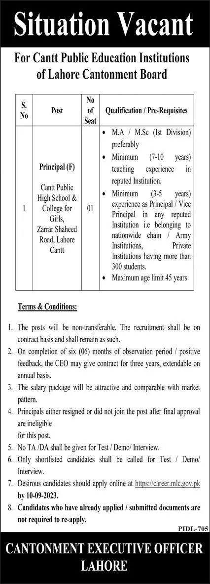 Cantt Public Education Institute of Lahore Jobs 2023 – Cantonment Board Jobs 2023 — original advertisement