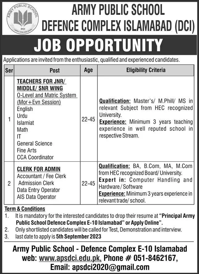 Army Public School Defence Complex Islamabad Jobs 2023 – Army Public School & College Paksitan Jobs 2023 — original advertisement