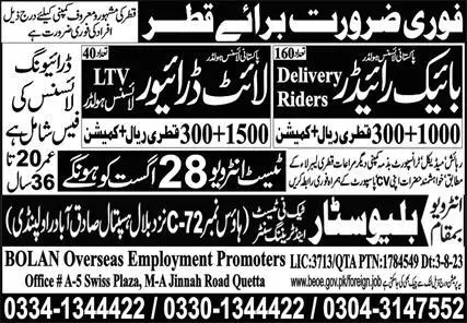 Bike Rider & Light Driver Jobs 2023 In Qatar – Blue Star Techni Test & Training Center Jobs 2023 — original advertisement