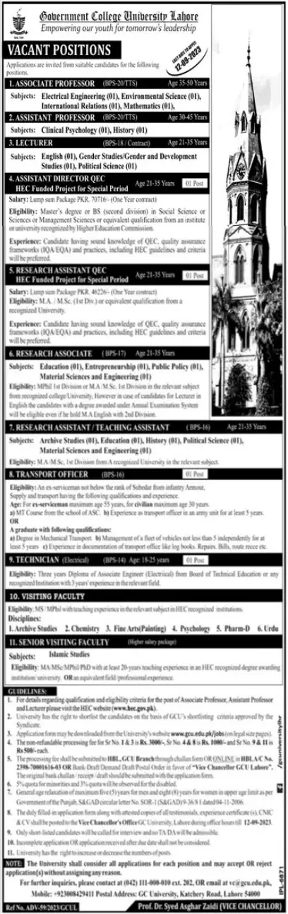 Government College University Lahore Jobs 2023 Jobs 2023 — original advertisement
