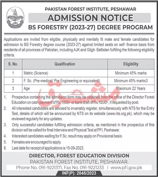 Pakistan Forest Institute Peshawar Admissions Admissions 2023 — original advertisement