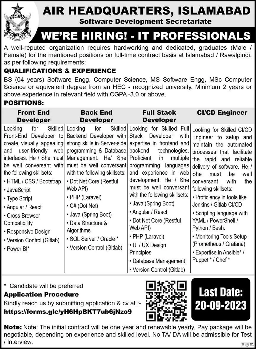 Air Headquarter Islamabad Jobs 2023 – Directorate of Housing Air Headquarters Islamabad Jobs 2023 — original advertisement