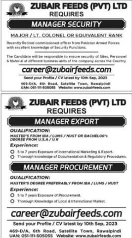 Zubair Feeds Private Limited Rawalpindi Jobs 2023 – Private Company Jobs 2023 — original advertisement