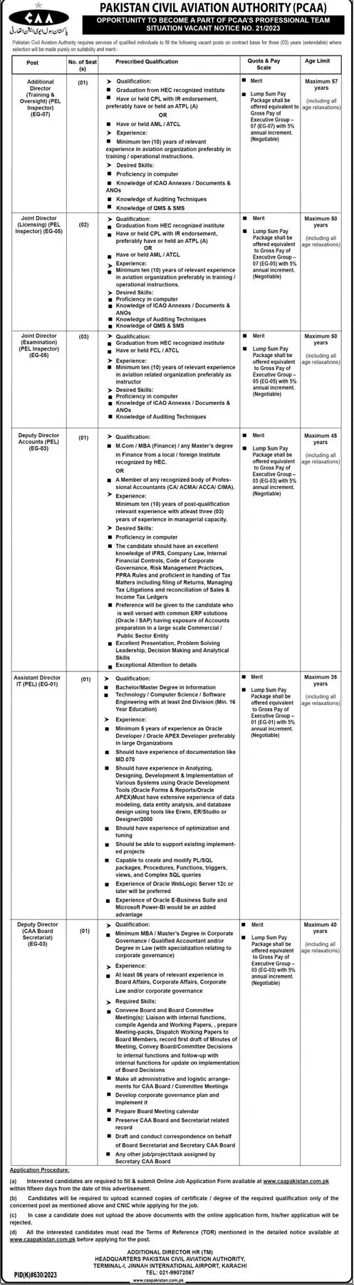 Pakistan Civil Aviation Authority PCAA Karachi Jobs 2023 – Pakistan Civil Aviation Authority (CAA) Jobs 2023 — original advertisement