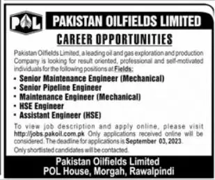 Pakistan Oilfield Limited Engineering Rawalpindi Jobs 2023 – Pakistan Oilfields Limited Jobs 2023 — original advertisement
