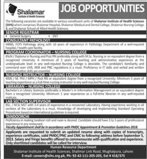 Shalamar Institute of Health Sciences Medical Lahore Jobs Jobs 2023 — original advertisement