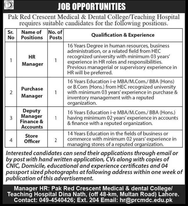 Pak Red Crescent Medical College Lahore Jobs 2023 – Pak Red Crescent Medical College Teaching Hospital Jobs 2023 — original advertisement