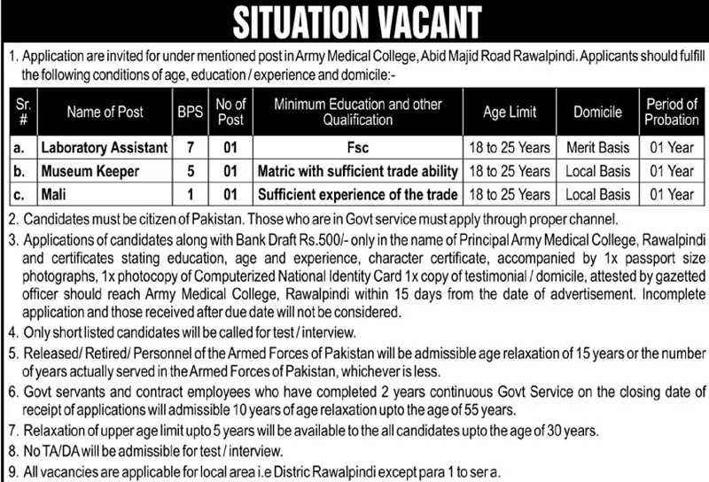 Army Medical College AMC Rawalpindi Jobs 2023 Jobs 2023 — original advertisement