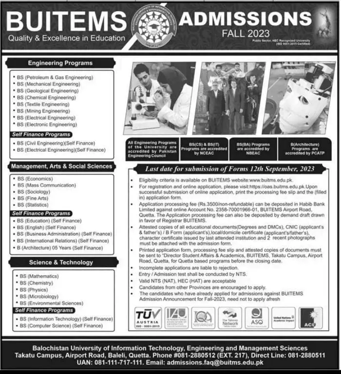 Balochistan University of Information Technology Admissions – Balochistan University of Information Technology & Management Science Quetta Admissions 2023 — original advertisement