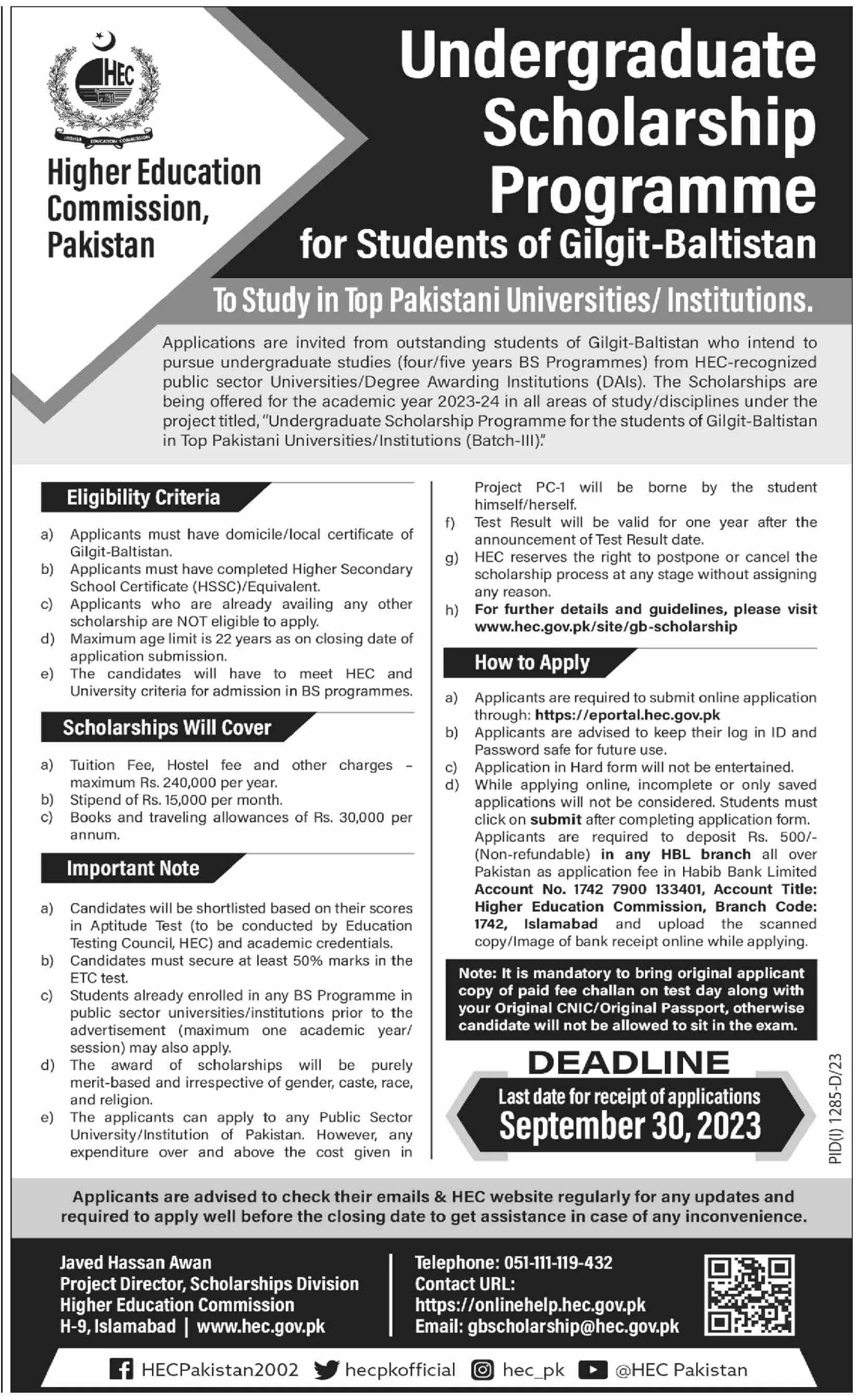 undergraduate Schlorship Program for Student of gilgit 2023 – Higher Education Commission Islamabad Jobs 2023 — original advertisement