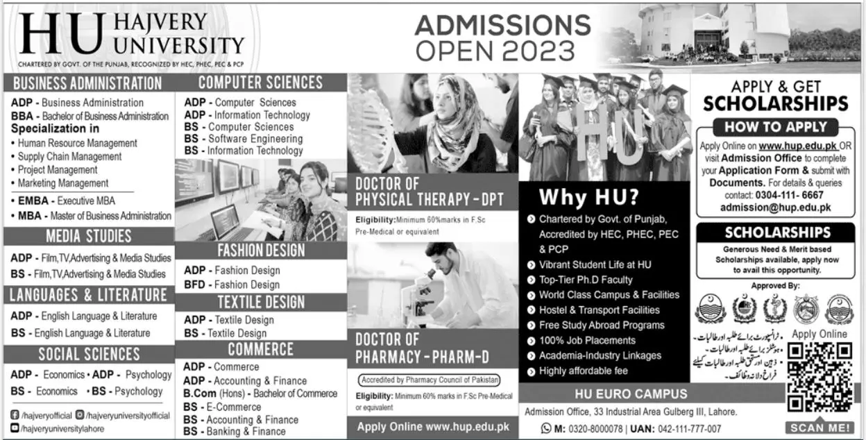 Hajvery University Lahore Admissions 2023 Admissions 2023 — original advertisement