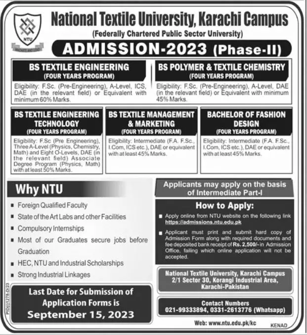 National Textile University karachi Campus Admissions 2023 – National Textile University Faisalabad | NTU Admissions 2023 — original advertisement