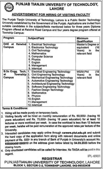 Punjab Tianjin University of Technology PTUT Jobs 2023 – Punjab Tianjin University of Technology Lahore Jobs 2023 — original advertisement