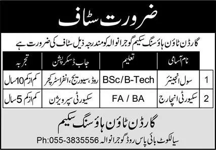 Garden Town Housing Scheme Gujranwala Jobs 2023 – Private Sector Organization Jobs 2023 — original advertisement