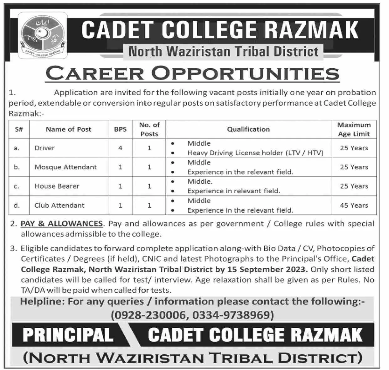 Cadet College Razmak Kpk Jobs 2023 Jobs 2023 — original advertisement