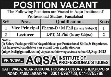 Aqsa Institute Of Professional Studies Faisalabad Jobs 2023 Jobs 2023 — original advertisement