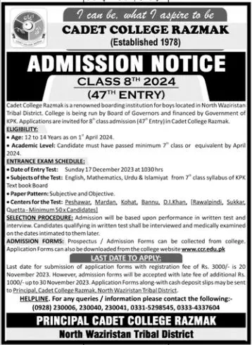 Cadet College Razmak Kpk Admissions 2023 Admissions 2023 — original advertisement