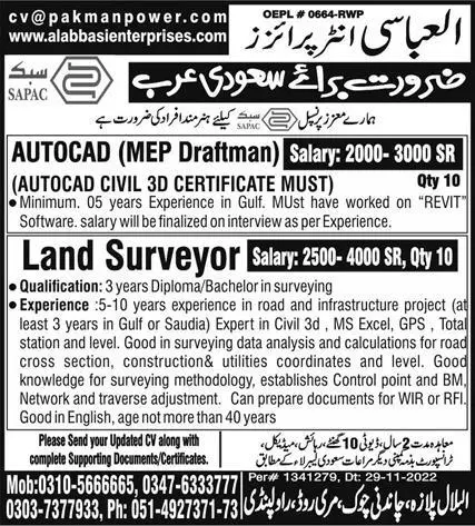 MEP Draftman & Land Surveyor Jobs 2023 In Saudi Arabia – Al Abbasi Enterprises Jobs 2023 — original advertisement