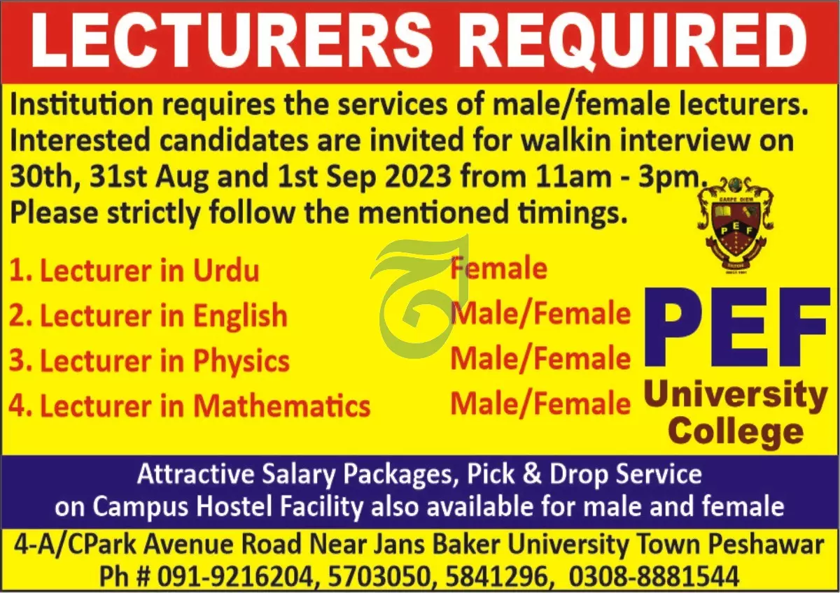 PEF University College Education Peshawar Jobs 2023 Jobs 2023 — original advertisement