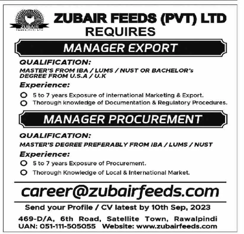 Zubair Feeds Private Limited Rawalpindi Punjab Jobs 2023 – Private Company Jobs 2023 — original advertisement