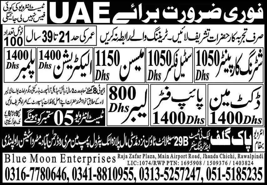 Docket Man & Pipe Fitter Jobs 2023 In UAE – Pak Gulf Tec Ni Test & Training Center Manufacturing Jobs 2023 — original advertisement
