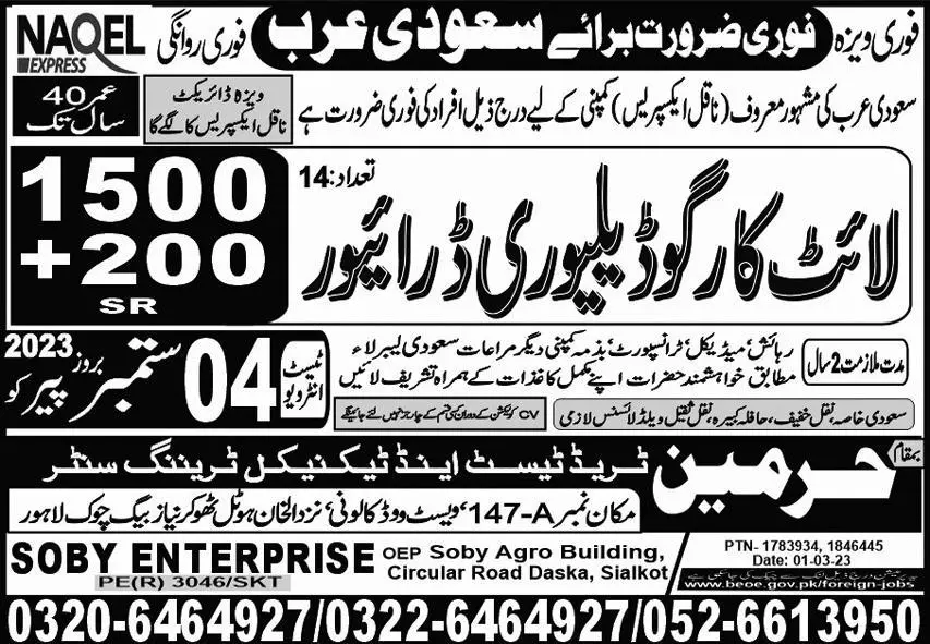Light Cargo Delivery Driver Jobs 2023 Saudi Arabia – Harmain Trade Test & Technical Training Center Jobs 2023 — original advertisement