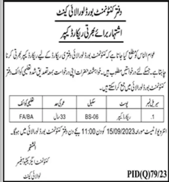 Cantonment Board Loralai Cantt Jobs 2023 Jobs 2023 — original advertisement