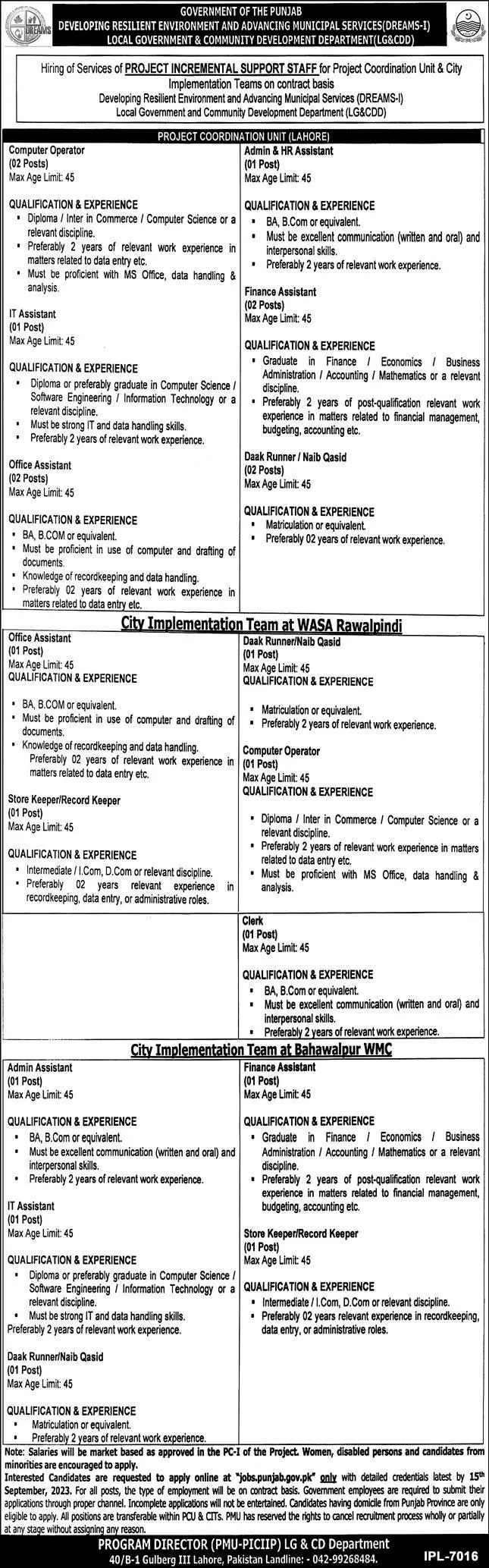 Local Government & Community Development Lahore Jobs 2023 – Local Government Department Punjab Jobs 2023 — original advertisement