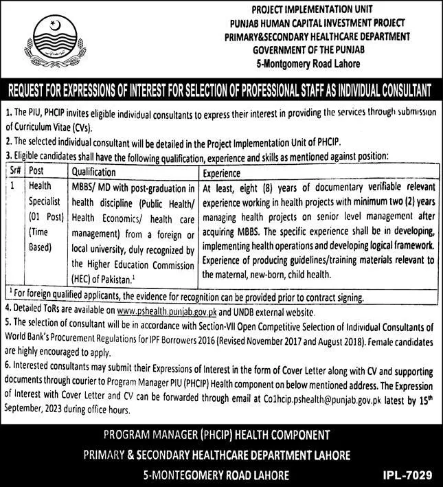 Primary & Secondary Healthcare Department Lahore Jobs 2023 – Health Department Punjab Jobs 2023 — original advertisement