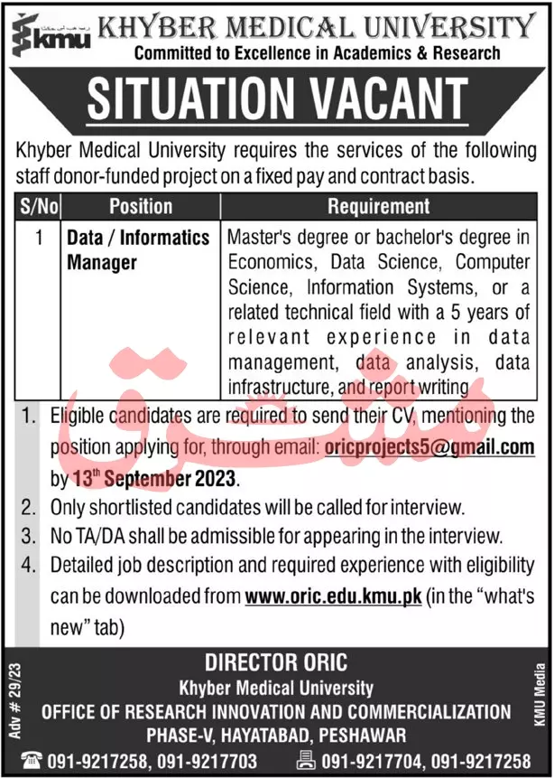Khyber Medical University Peshawar Jobs 2023 Jobs 2023 — original advertisement