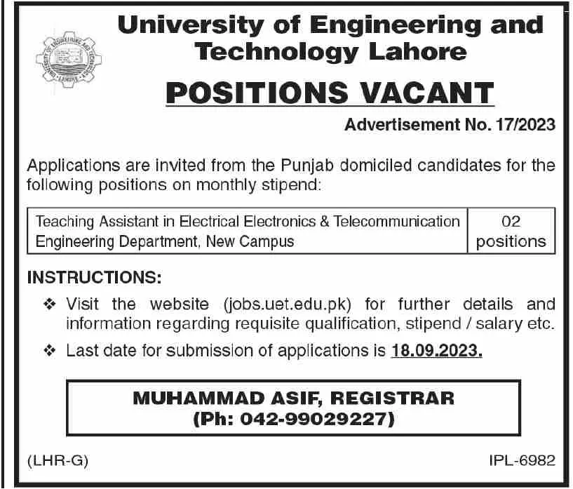 University Of Engineering & Technology UET Lahore Jobs 2023 – University of Engineering  & Technology Lahore Jobs 2023 — original advertisement