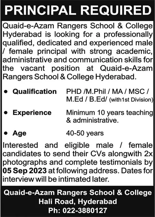 Quaid e Azam Rangers School & College Hyderabad Jobs 2023 – Quaid E Azam Rangers School and College Jobs 2023 — original advertisement