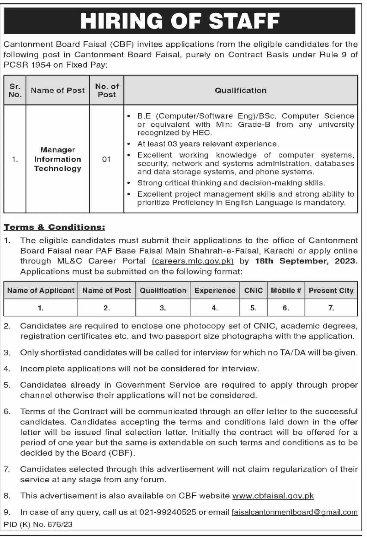 Cantonment Board Faisal CBF Karachi Jobs 2023 Jobs 2023 — original advertisement