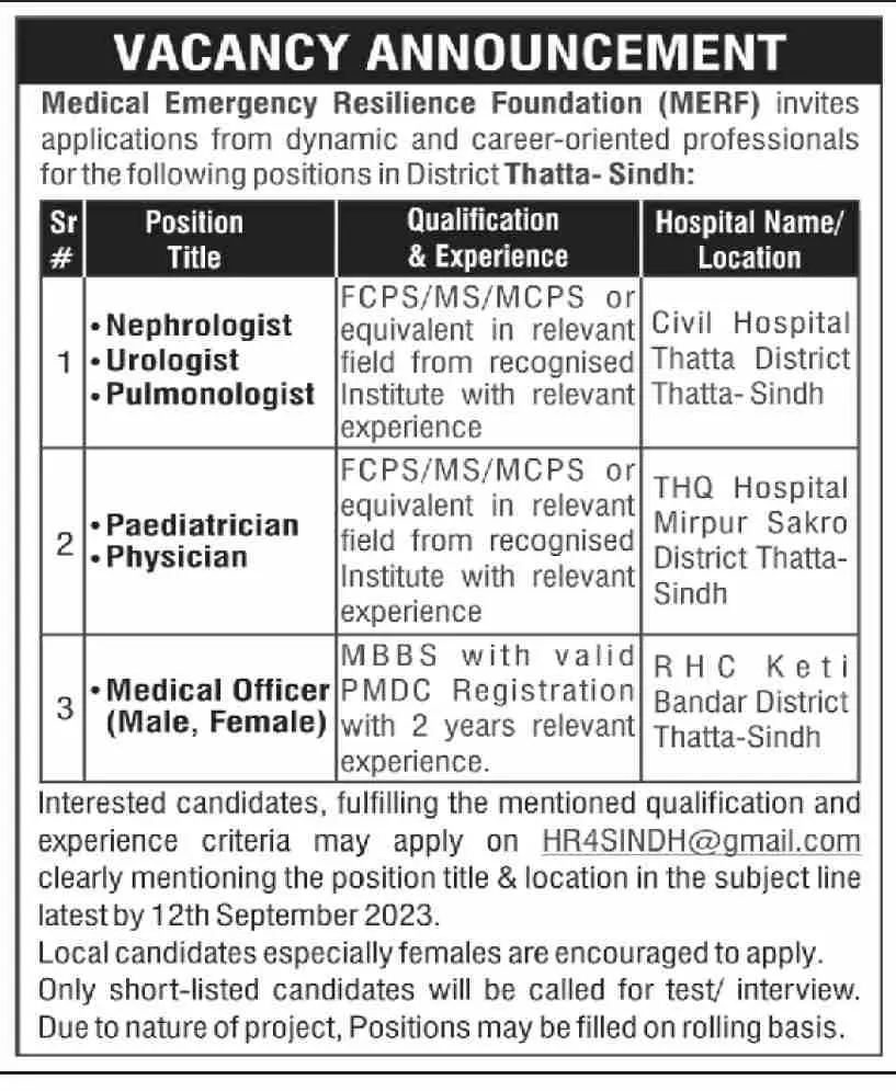 Medical Emergency Resilience Foundation Thatta Jobs 2023 – Medical Emergency Resilience Foundation (MERF) Pakistan Jobs 2023 — original advertisement