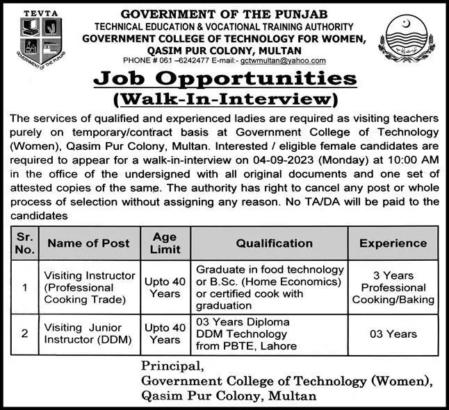 Government College Of Technology For Women Multan Jobs 2023 Jobs 2023 — original advertisement