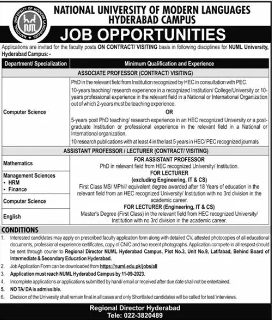National University Of Modern Languages Hyderabad Campus Job – National University of Modern Languages Islamabad Jobs 2023 — original advertisement