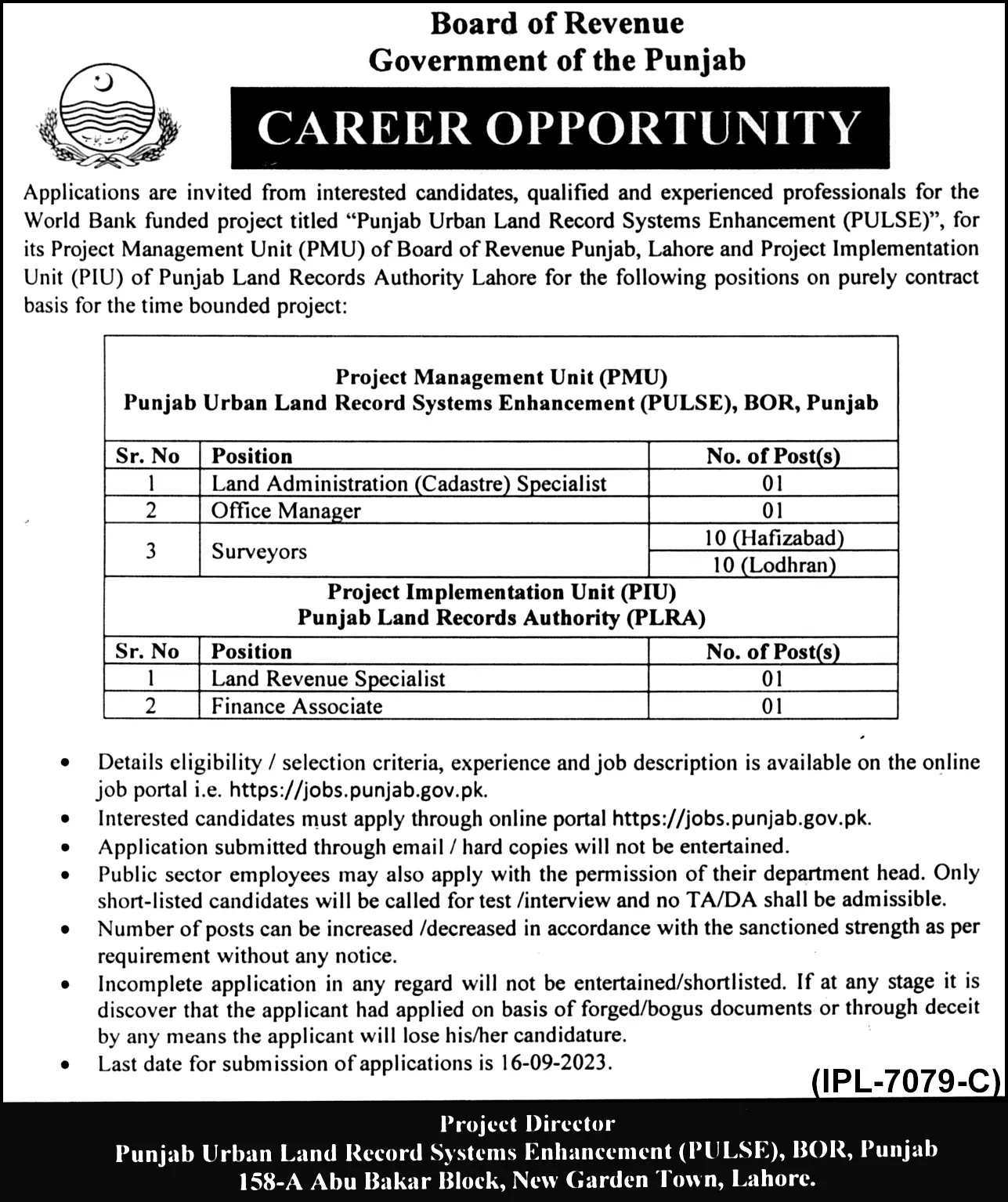Board Of Revenue Lahore Punjab Jobs 2023 – Revenue Department Punjab Jobs 2023 — original advertisement