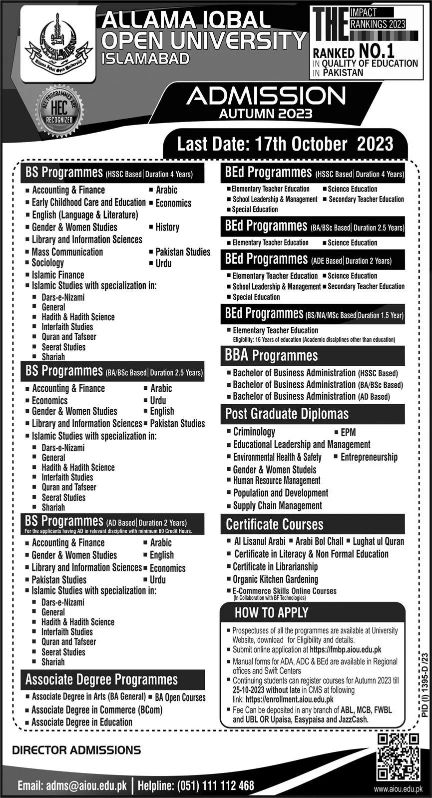 Allama Iqbal open University Islamabad Admissions 2023 Admissions 2023 — original advertisement