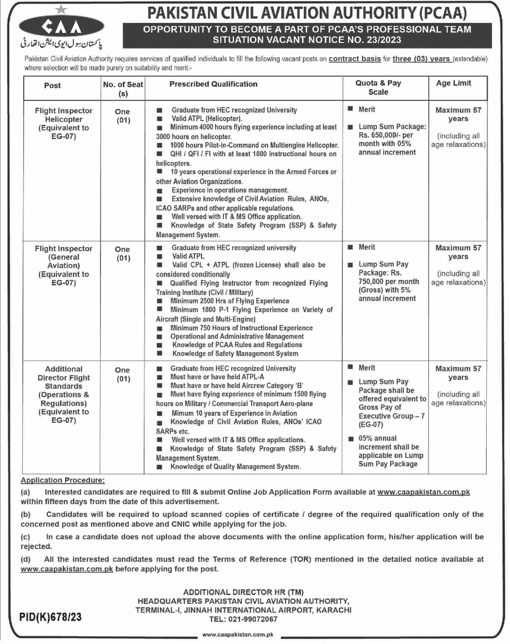 Pakistan Civil Aviation Authority PCAA Karachi Jobs 2023 – Pakistan Civil Aviation Authority (CAA) Jobs 2023 — original advertisement