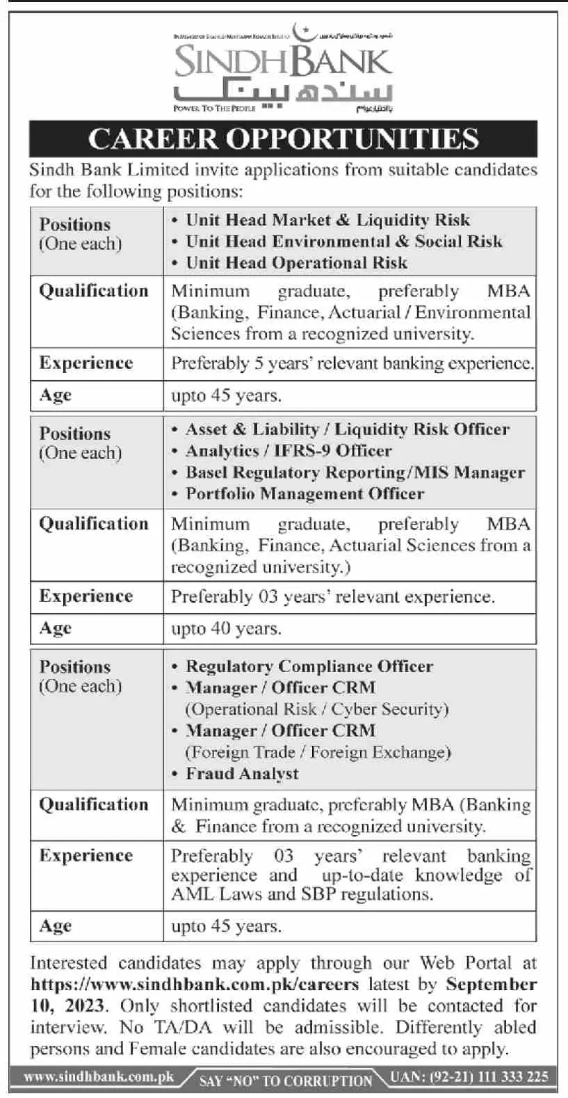 Sindh Bank Limited Karachi Jobs 2023 Jobs 2023 — original advertisement