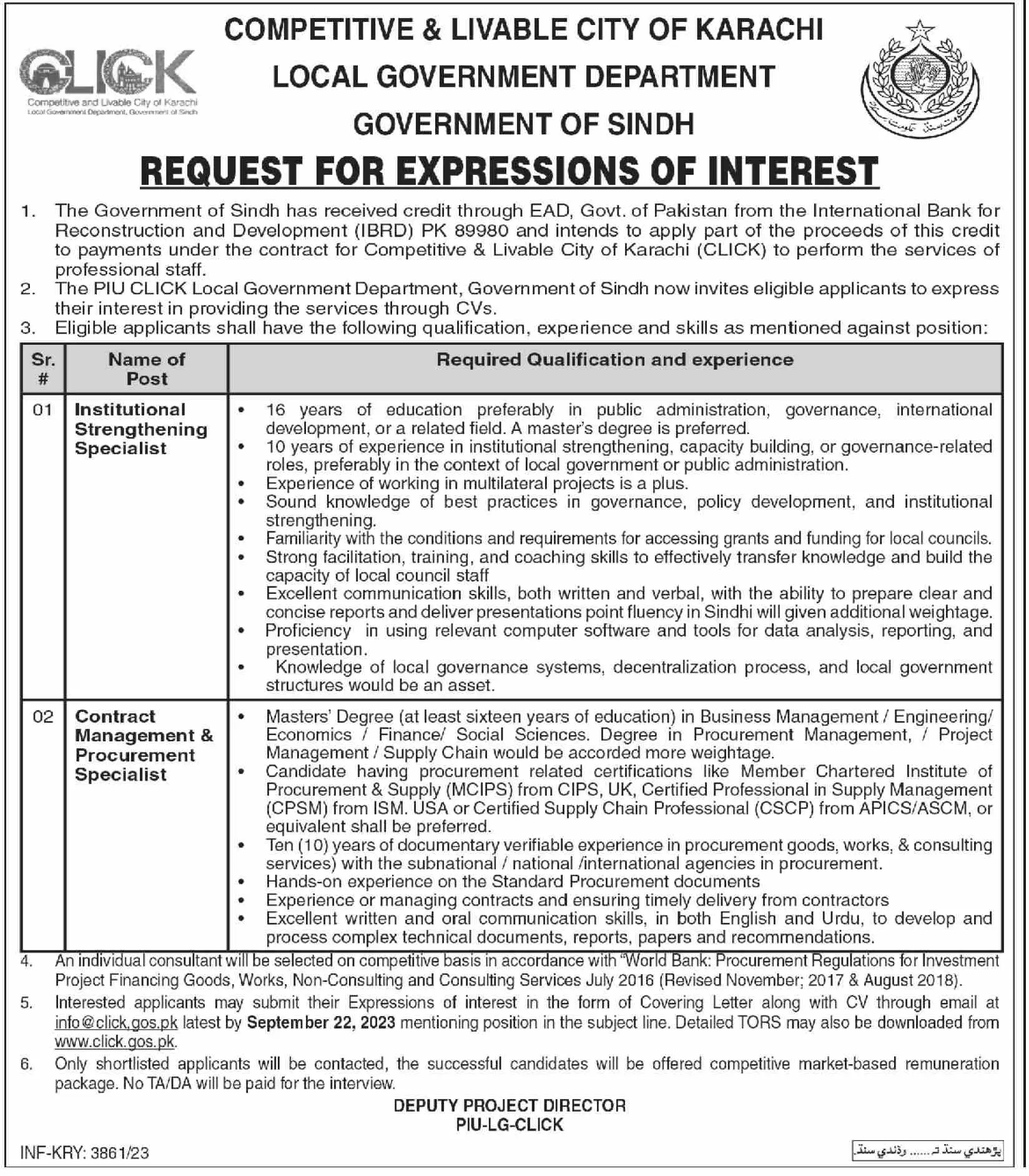 Competitive & Liveable City Of Karachi Jobs 2023 – Local Govt Department Sindh Jobs 2023 — original advertisement