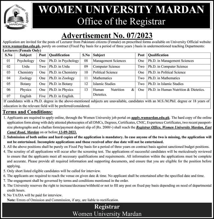 Women University Education Mardan Jobs 2023 – Women University Mardan Kpk Jobs 2023 — original advertisement