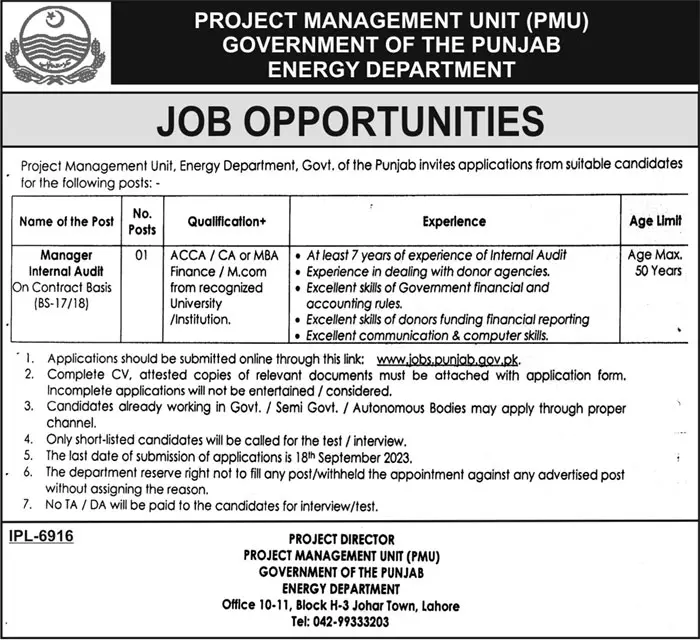 Energy Department Manager Internal Audit Jobs 2023 – Energy Department Punjab Jobs 2023 — original advertisement