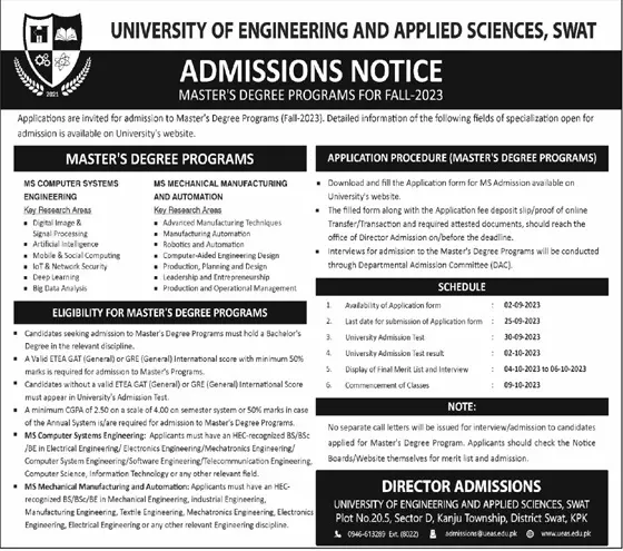 University of Engineering Applied Sciences Swat Admissions – University of Engineering and Technology Peshawar Admissions 2023 — original advertisement