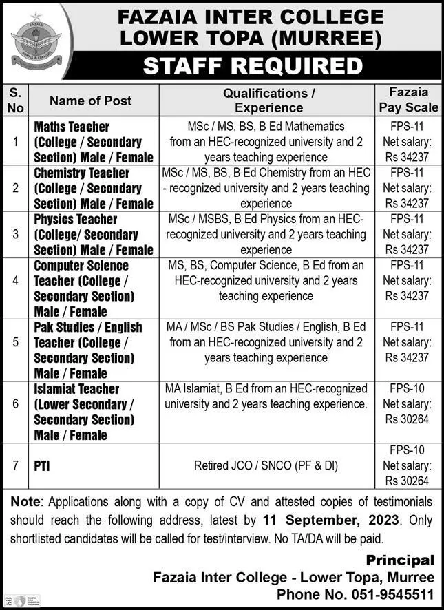 Fazaia Inter College Lower Topa Teaching Jobs 2023 – Fazaia Schools & Colleges Jobs 2023 — original advertisement