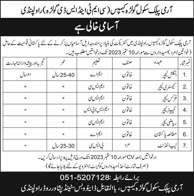 Army Public School Golra Campus Teaching Jobs 2023 – Army Public School & College Paksitan Jobs 2023 — original advertisement