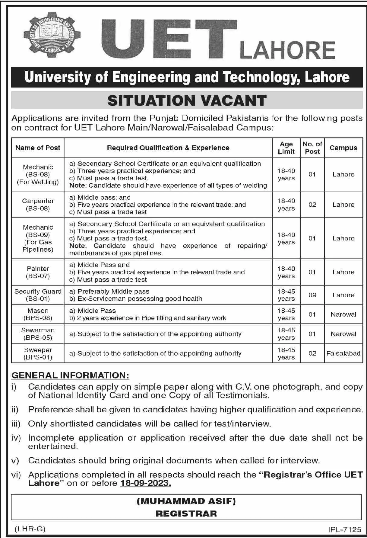 University Of Engineering And Technology UET Lahore Jobs – University of Engineering  & Technology Lahore Jobs 2023 — original advertisement