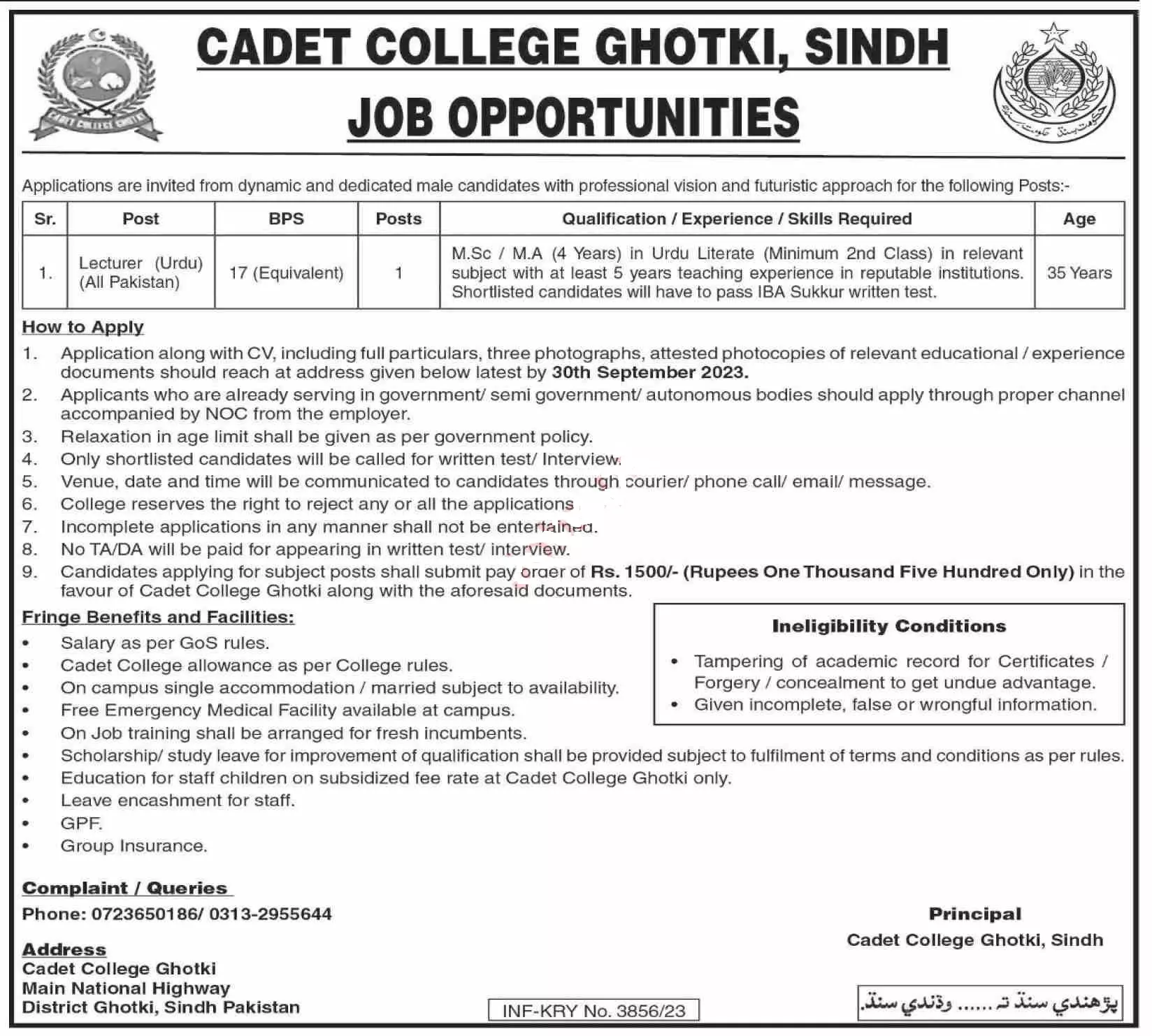 Cadet College Ghotki Sindh Jobs 2023 Jobs 2023 — original advertisement