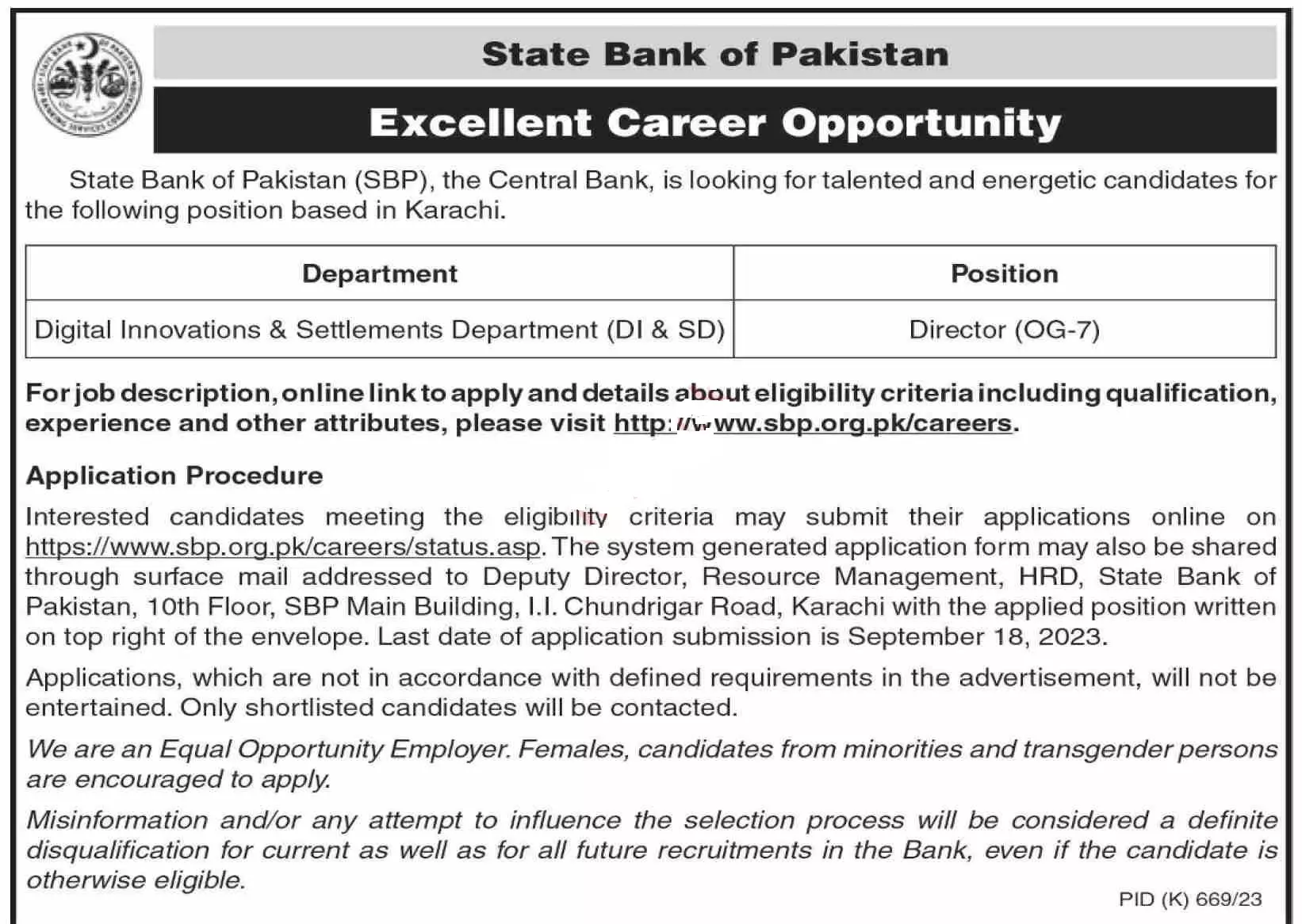 State Bank Of Pakistan SBP Jobs 2023 Jobs 2023 — original advertisement